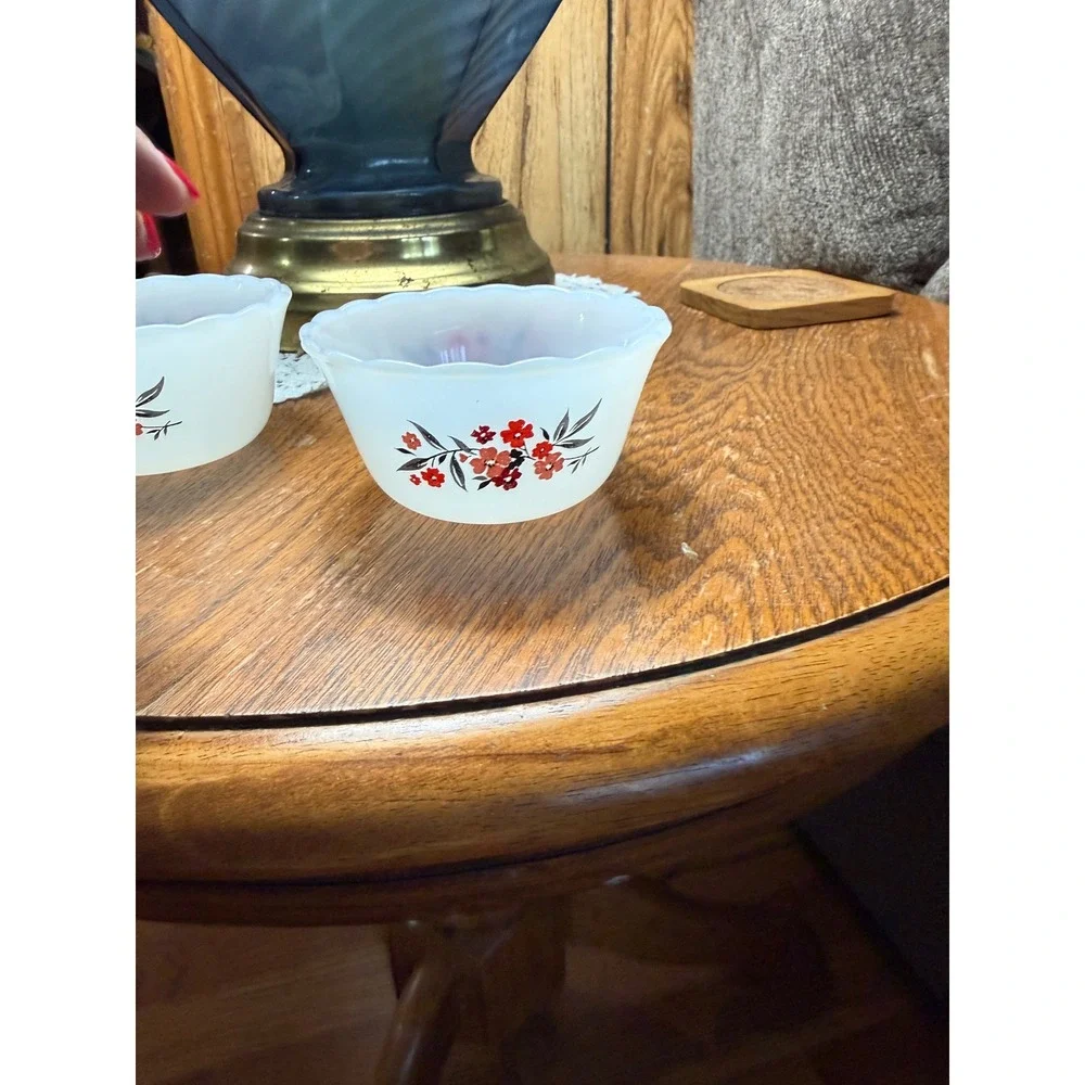 Vintage Fire-King Primrose Milk Glass Custard‎ Bowls 6oz Scalloped Set of 2